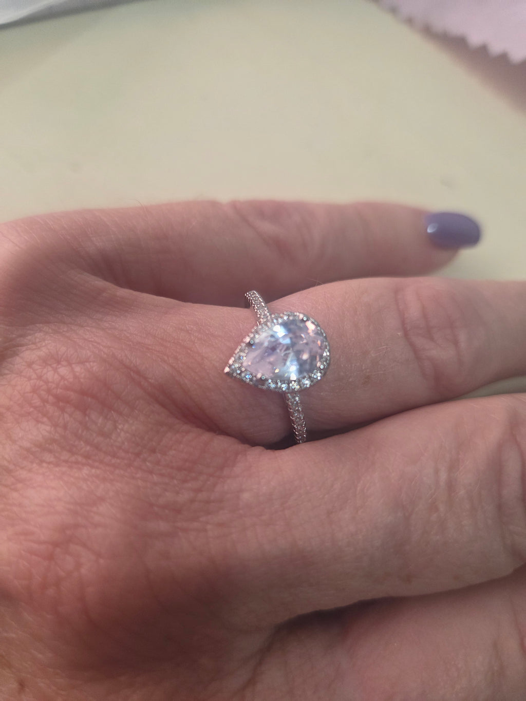 3 carat pear shaped pave set Moissanite set in sterling silver size 8