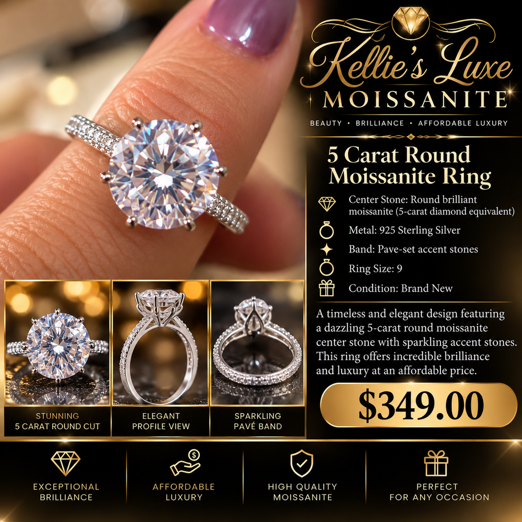 5 carat Moissanite solitaire set in sterling silver. Size 9