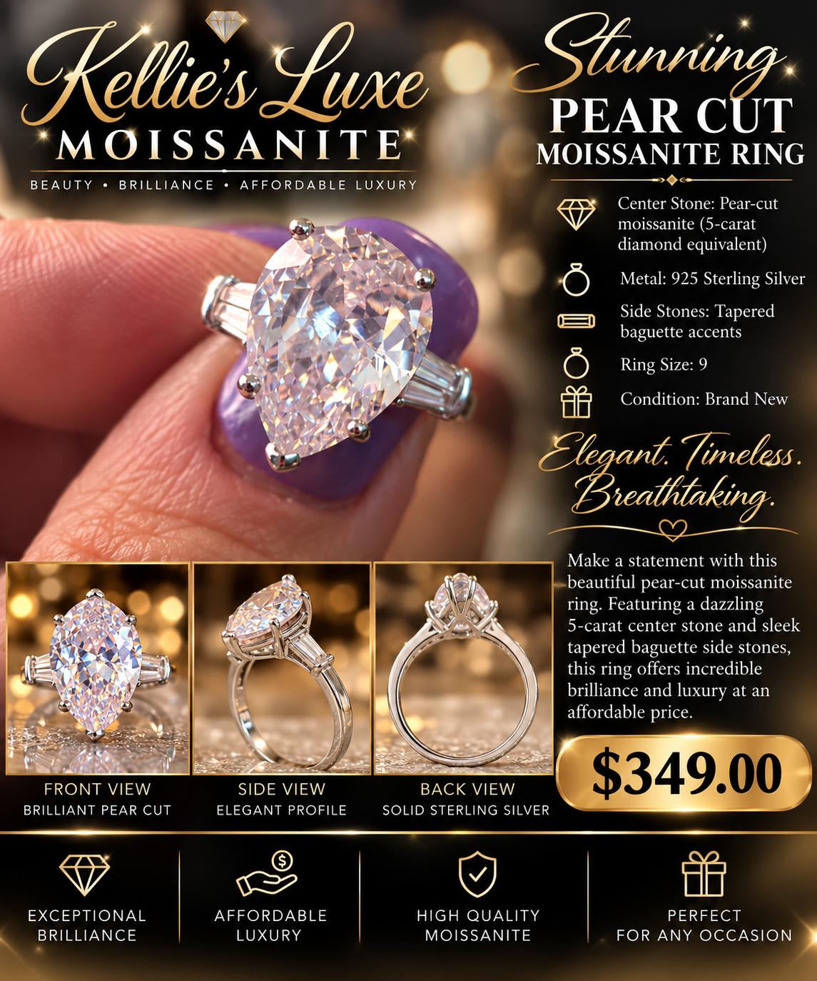 5 carat certified Moissanite engagement/promise/special occasion ring.