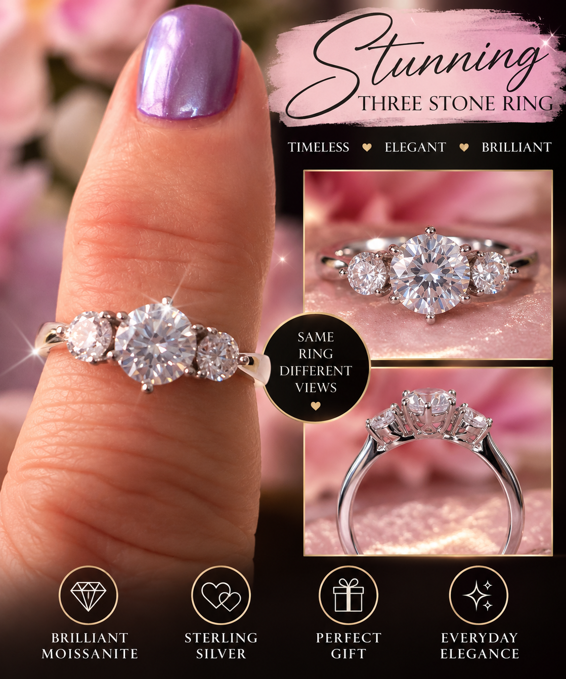 1 plus carat 3 stone moissanite ring set in sterling silver. Size 7 and 2 8s