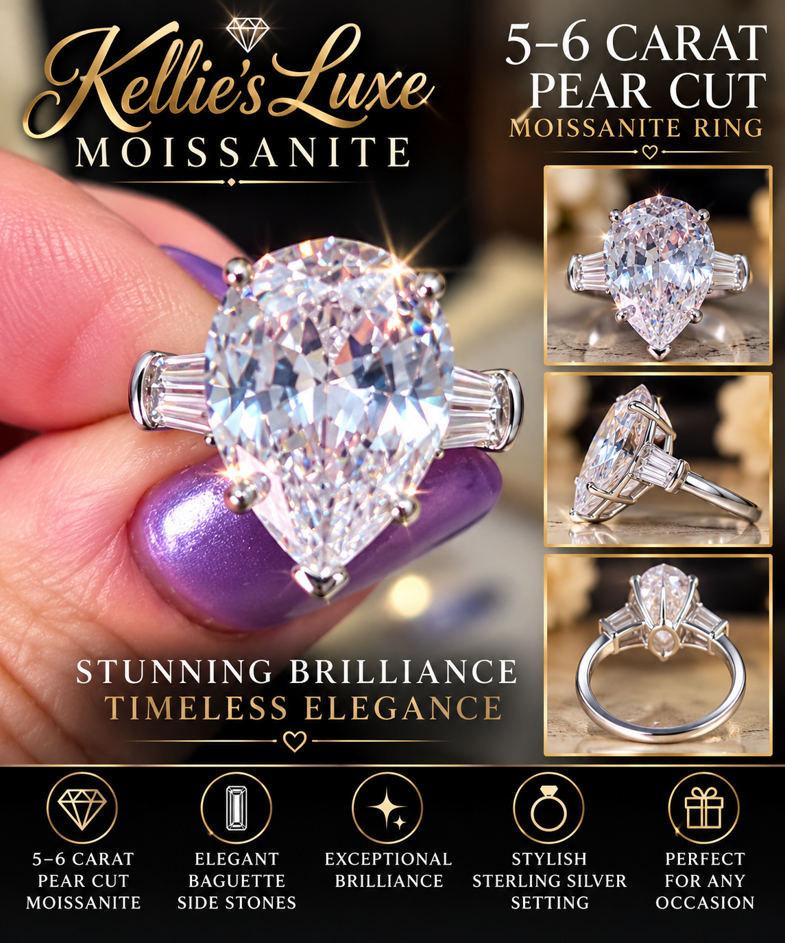 Gorgeous pear shaped with bagettes. Approx 5-6 carats.